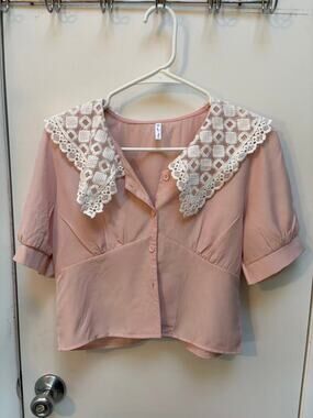 Vintage Pink Lace Large Collar Blouse Puff Sleeve Cropped Button Up Top XS